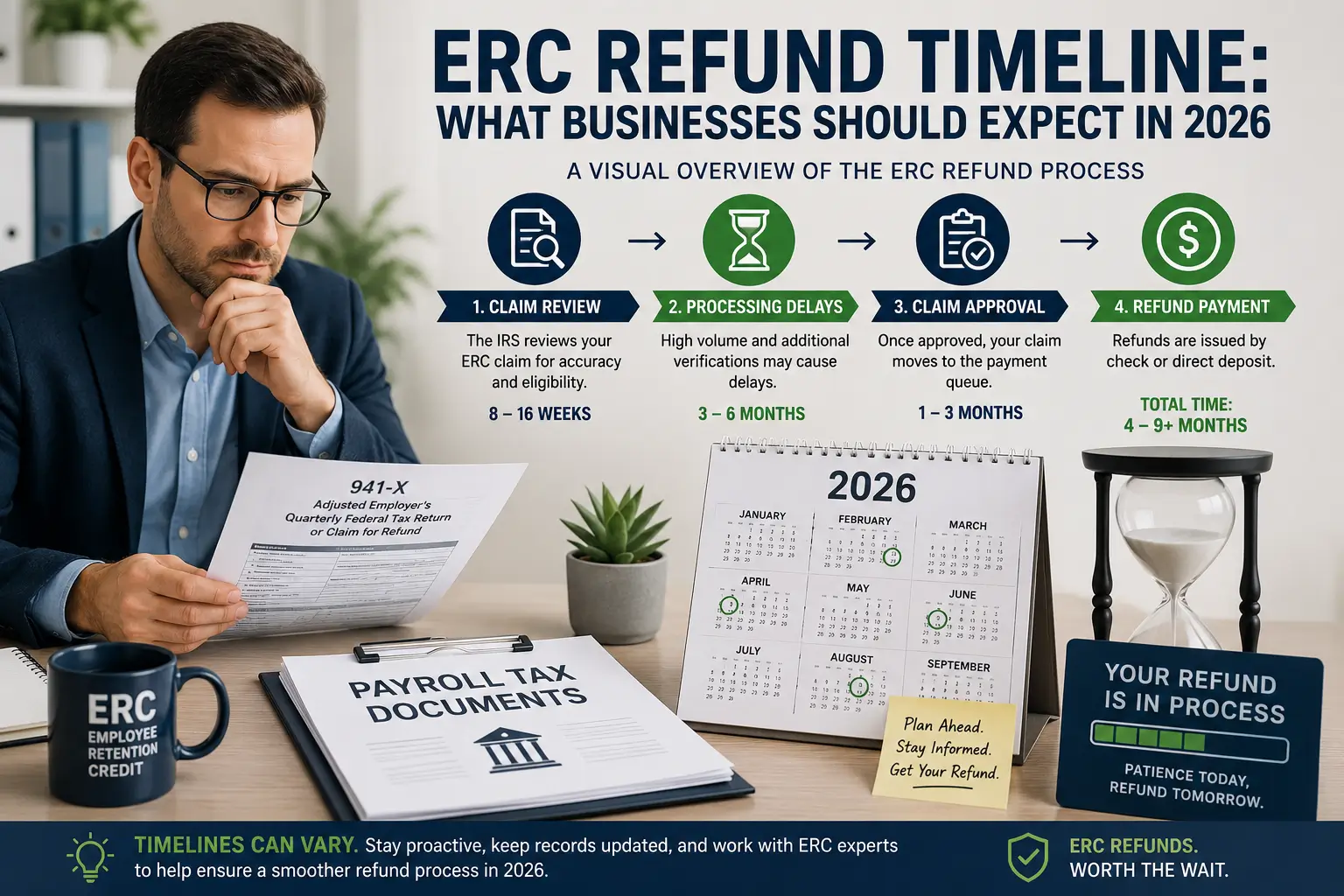 Business owner reviewing an ERC refund timeline for 2026 with payroll tax documents, a calendar, and refund processing indicators.