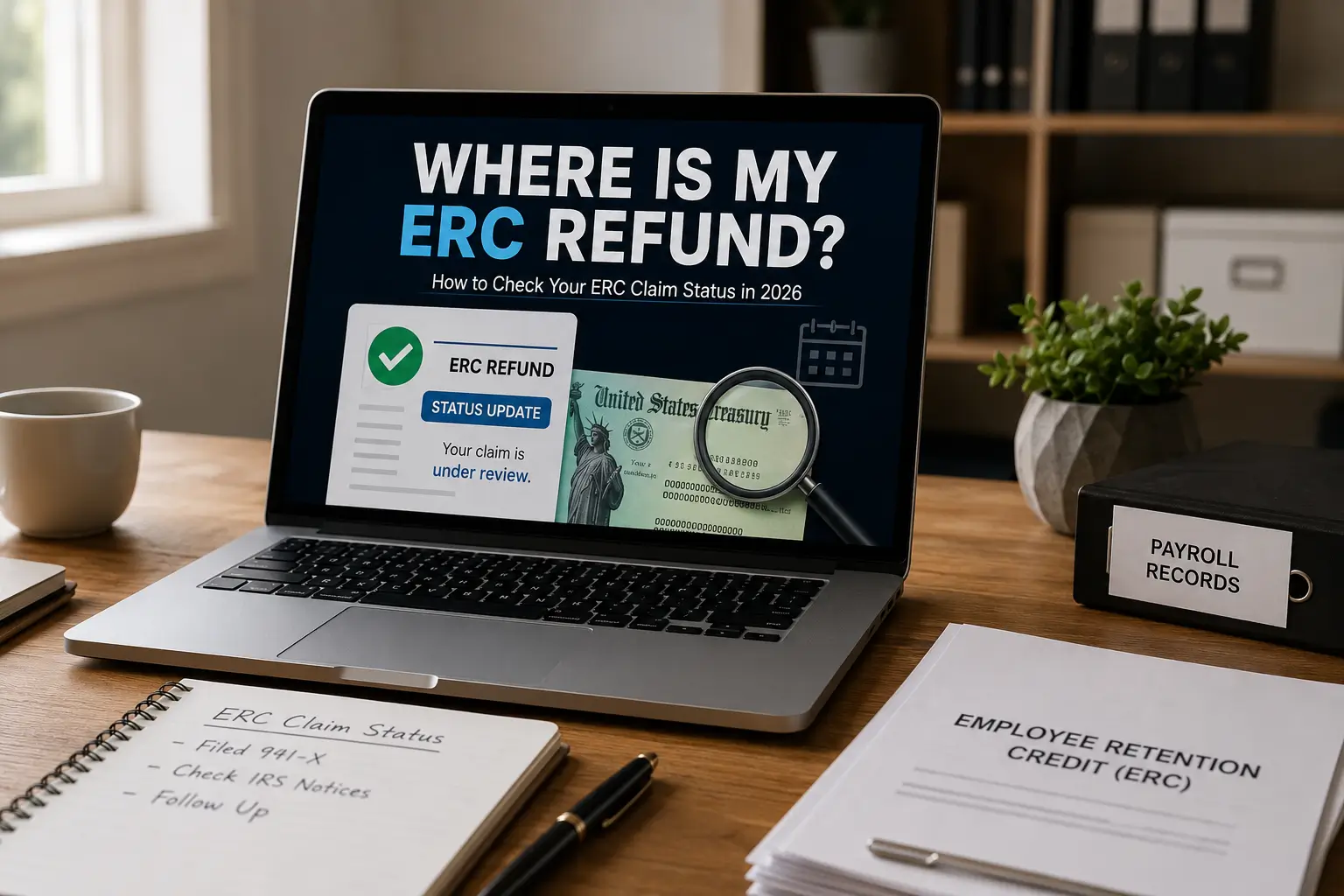 Business owner reviewing ERC refund paperwork and checking claim status on a laptop.